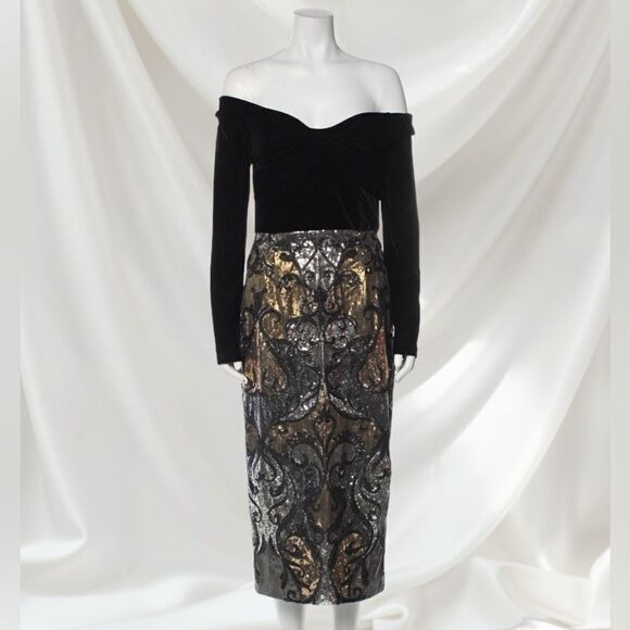 Marchesa Norte Off The Shoulder Long Sleeve Sequin Bottom Dress - Picture 1 of 7